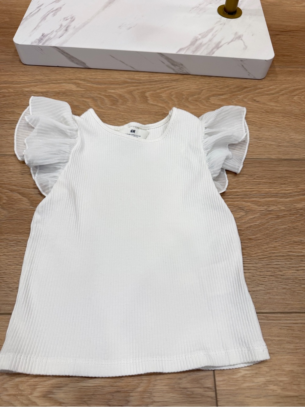 H&M White Ribbed Top with Sheer Ruffle Sleeves